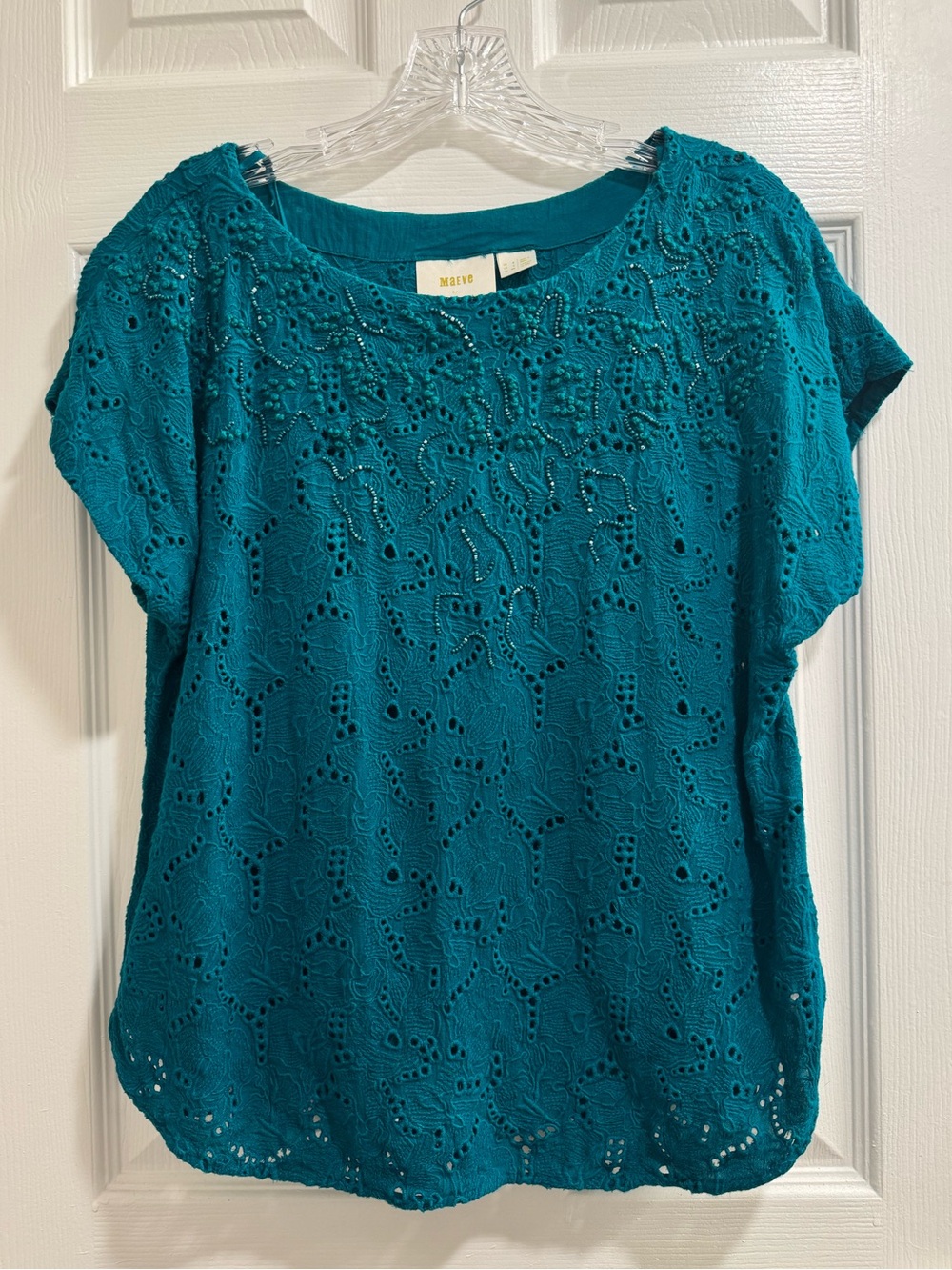 Maeve by Anthropologie Karine Teal/Turquoise Embroidered Beaded Top
